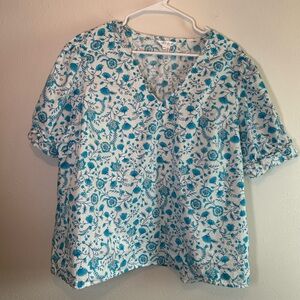 Draper James Sz XXL Blouse Blue Paisley Floral Puff Sleeve Cotton Cottagecore